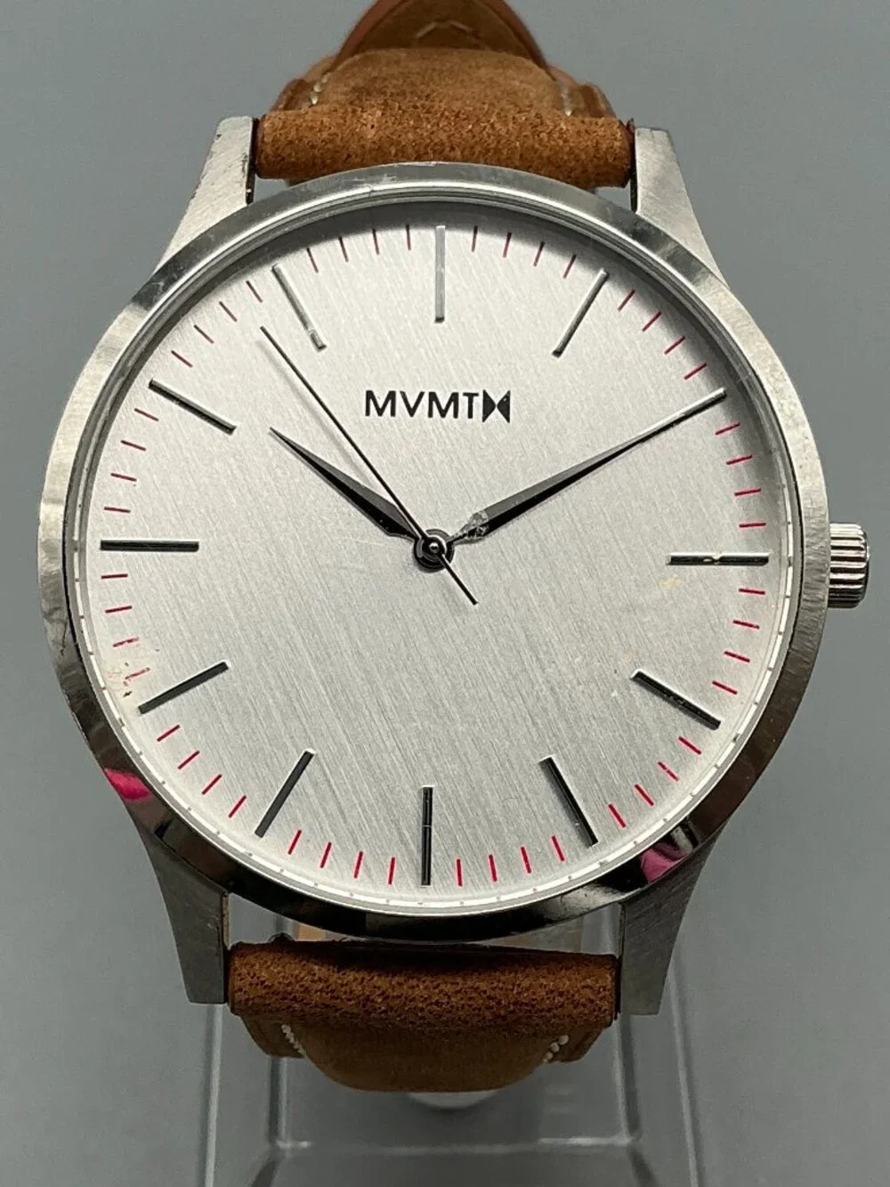 MVMT 40 Series Mens Watch 40mm Silver Tone Brown Leather Band New Battery